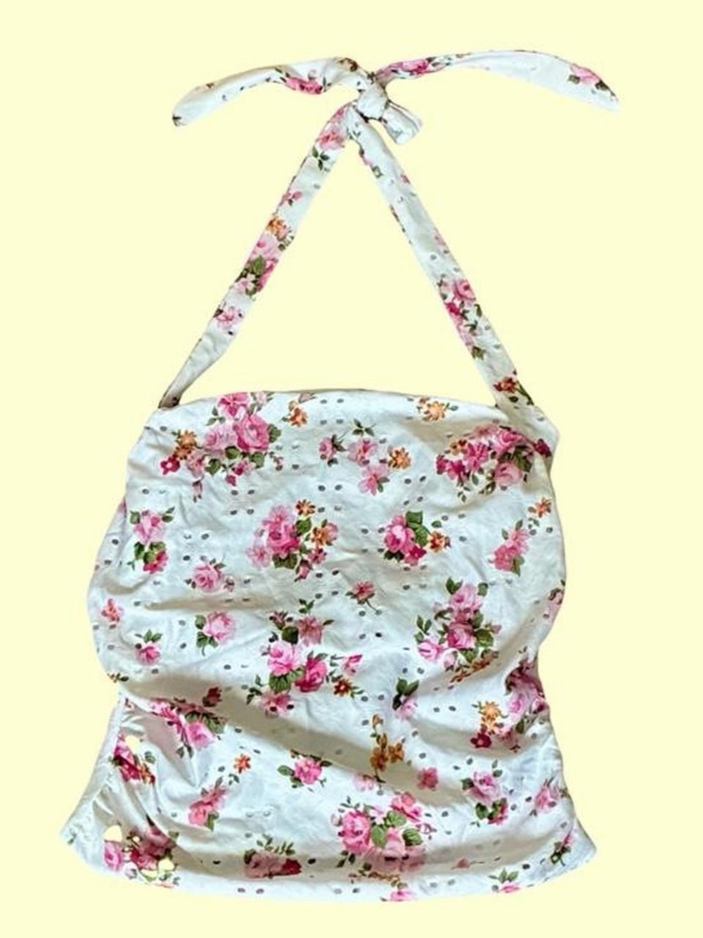SHEIN White Floral Halter Tank Top with Pink Roses